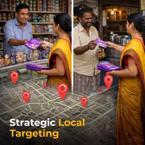 Woman distributing pamphlets to local shop vendors and residents as part of a door-to-door pamphlet distribution service.