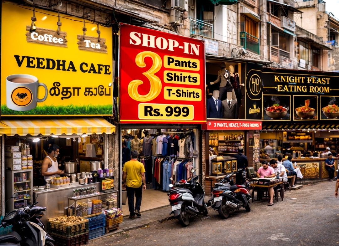 shop-signboard-flex-printing-chennai Printed flex boards and signage used for local shop advertising<br />